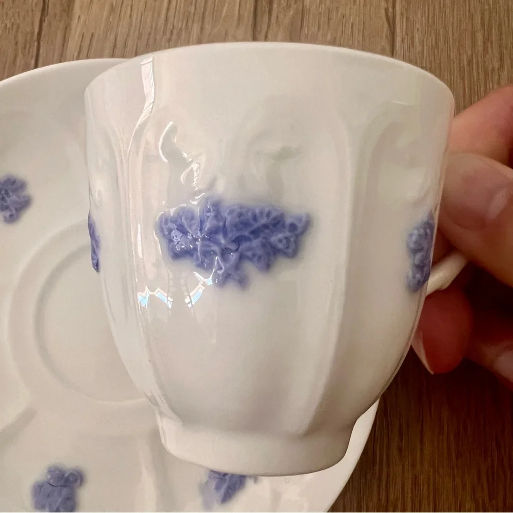 Antique 1800's Adderley Blue Chelsea Embossed Sprig Demitasse Cup & Saucer Set‎